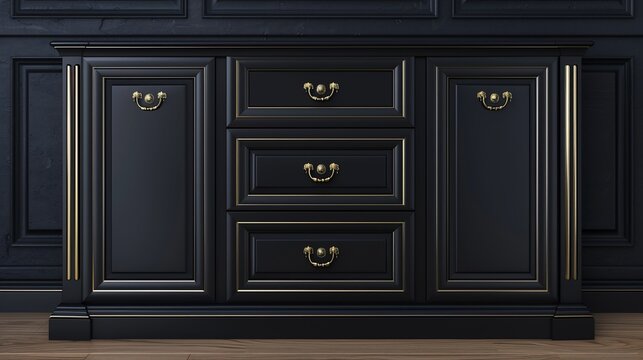 Elegant black wooden sideboard with gold accents against a dark wall and wooden floor