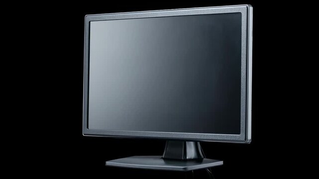 A flat-screen computer monitor with a blank black display panel and a sleek dark plastic bezel is centered against a pure black background, presented in a straight front-facing studio composition.