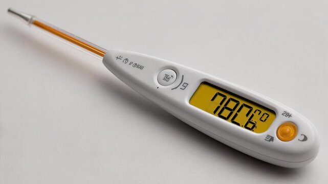 A white digital clinical thermometer with an orange-backlit LCD display showing a temperature reading lies diagonally against a light grey surface, with its metal probe tip at the upper left.