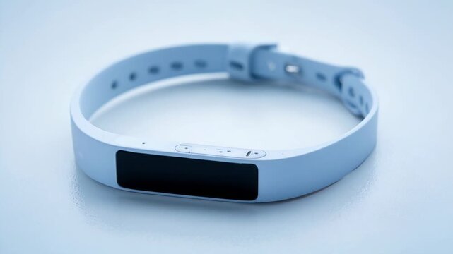 A slim light blue fitness tracker smartband with a small rectangular black display and a perforated silicone strap rests on a pale blue surface, with a charging cable attached at the clasp end.