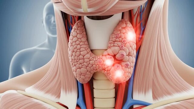Exaggerated human thyroid gland anatomy, critical medical condition, thyroid disease, inflamed nodules signaling pathology, endocrine system disorder awareness, health education theme