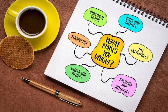 What makes you unique? Exploration of personal identity, talents, and experiences that set an individual apart from others, diagram infographics.