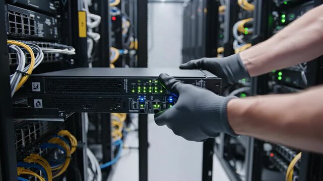 Technician handling server in data center with server racks and network cables visible. Server maintenance involves checking hardware components for optimal performance in data centers.
