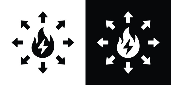 Creative icon combining a flame and lightning bolt with radial arrows, depicting power distribution, energy dissemination, heat propagation, and electrical grid spreading.