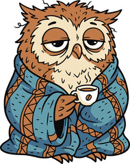 A sleepy owl wrapped in a blanket while trying to stay awake with coffee. The character humorously represents late night workers and tired students.