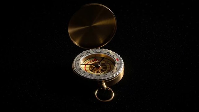Vintage brass compass with open lid on black background