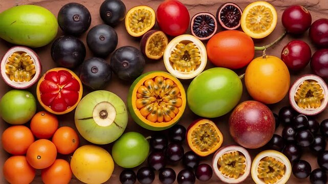 Exotic Fruits Galore: A vibrant assortment of tropical and unique fruits, bursting with color and flavor, arranged in a visually appealing display.