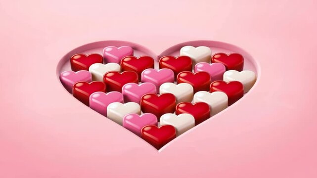 Heart-shaped candy hearts on pink background