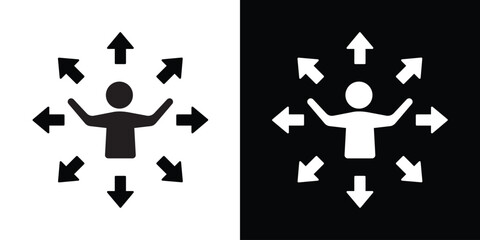 Personal empowerment and influence icon. A human silhouette with arms raised, surrounded by outward-pointing arrows, symbolizing leadership, personal growth, and self-confidence.
