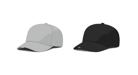 Fototapeta premium Two baseball caps, one light gray and one solid black, are displayed side-by-side with curved brims and rounded crowns against a plain white background.