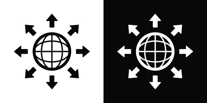 Global expansion and worldwide distribution icon. A globe with eight arrows pointing outwards, representing international logistics, global reach, and connectivity in black and white styles.