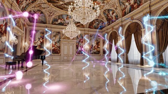 Grand piano in an illuminated, ornate ballroom with chandeliers and frescoes