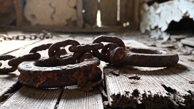 Old rusty chains on a wooden floor in abandoned building