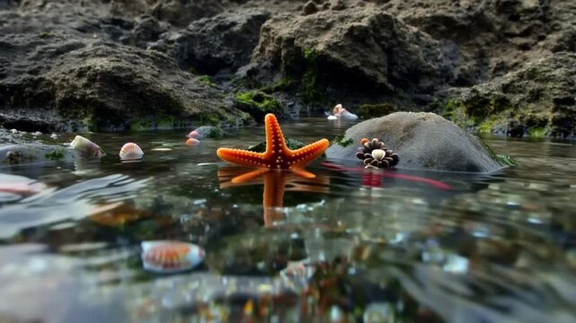 Children playing with orange starfish and toy crab near rocky shore
