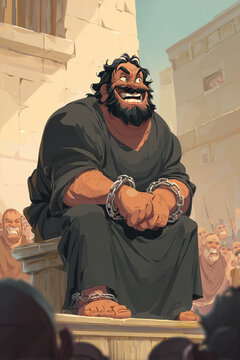 Barabbas notorious prisoner sitting chained before crowd in ancient city during biblical trial connected to Christian Passion narrative