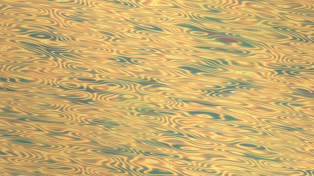 Close-up of a textured surface with intricate wavy patterns in golden and teal hues, resembling figured wood or Damascus steel.