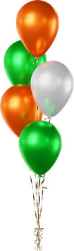 Balloon bouquet in green, orange, and white, isolated on a transparent background. A bunch of realistic balloons for St. Patrick&rsquo;s Day, Irish celebration, greeting cards, and holiday event designs.