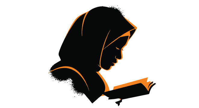 Graphic silhouette of a Muslim woman in hijab reading a book with textured edges, symbolizing education, knowledge, and faith.