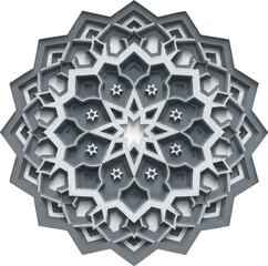 Intricate multi-layered Islamic geometric pattern a 3D relief design with star and hexagonal elements in monochromatic grey and white suitable for cultural and architectural themes