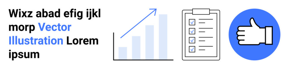 Obraz premium Business analytics, performance tracking, approval process, statistics, data visualization, goal achievement. Bar graph, checklist clipboard thumbs-up icon. Business analytics and performance