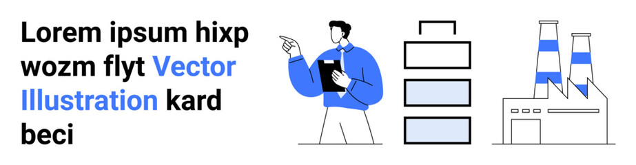 Industrial processes, factory management, data analysis, workflow optimization, business operations, sustainable production. Illustration of a worker pointing and holding a clipboard near factory