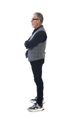 Naklejka premium side view of a modern retired man standing arms crossed on white background