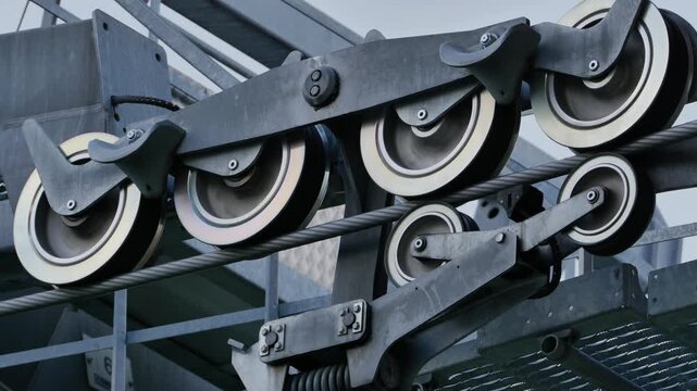 Close-up of a ski lift mechanism with spinning pulley wheels on a steel cable.