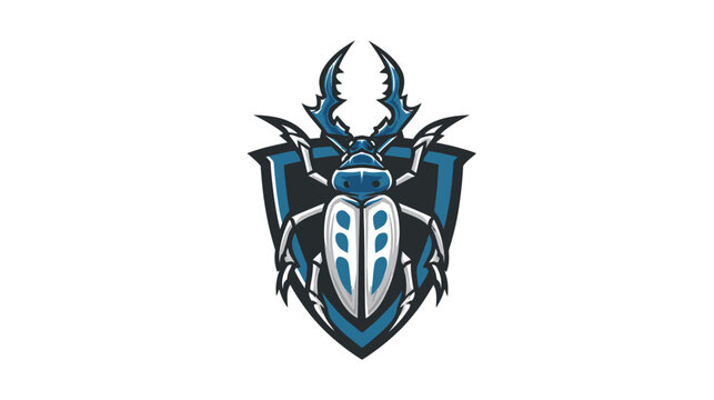 A stylized illustration of a beetle featuring blue and white elements against a shield-like shape