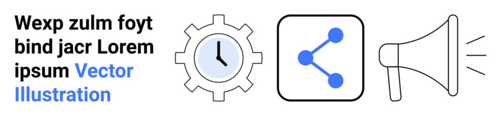 Time management, communication tools, marketing campaigns, project planning, networking, and outreach strategies. Gear with clock, share icon and megaphone. Time management and communication tools