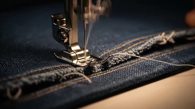 Close up sewing machine stitching denim fabric detail.
