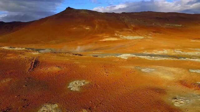 Stunning aerial footage of the vibrant geothermal landscape in Hverir, Iceland