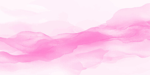 Abstract watercolor landscape featuring pink clouds over a misty mountain valley at sunset with a soft forest horizon © ITS OK