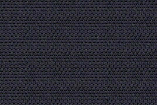 A close-up view of a seamless black hexagonal pattern texture. This dark, monochromatic honeycomb design features a rough, rubber-like surface, making it ideal for use as an industrial background, tec