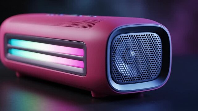 Stylish pink portable Bluetooth speaker with neon lights against dark background.