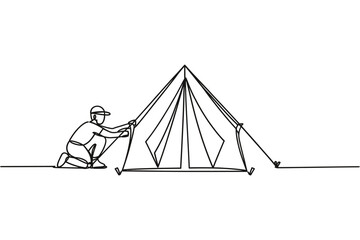 A minimalist line drawing of a person setting up a tent © pintu