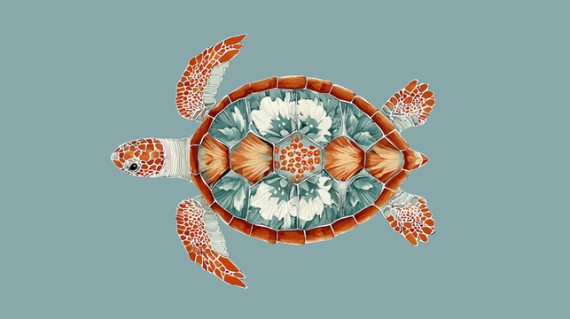 Watercolor illustration of a sea turtle, featuring detailed scales and patterns on shell and fins