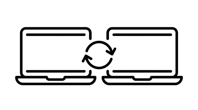 Simple black and white line art icon illustrating bidirectional data synchronization between two modern laptop computers.