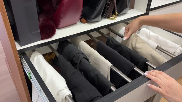 Woman choosing trousers from wardrobe drawer organizer