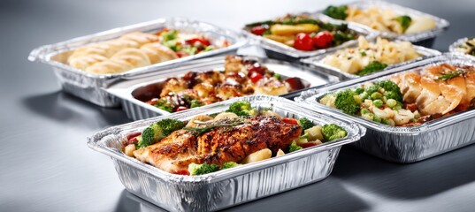 Obraz premium Rows of nutritious takeaway meals are displayed in silver foil trays. The variety features roasted salmon with broccoli, chicken breast, and pasta.