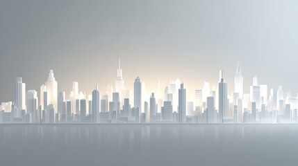 Obraz premium White minimalist 3D city skyline model stands on a reflective surface against a soft gray background. The architectural design features glowing light.