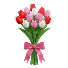 Fototapeta premium A vibrant bouquet of red, pink, and white tulips arranged beautifully with a pink ribbon tied around the stems. The image is on a transparent background, making it versatile for various design needs.