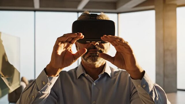 African American male architect preparing to use VR headset in modern office. Man adjusting virtual reality device for design visualization. Innovative technology application in architecture and