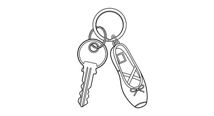 Elegant black and white line art illustration of a keyring holding a classic key and a charming ballet slipper, symbolizing the dedication to dance and the rhythm of daily life © womaura