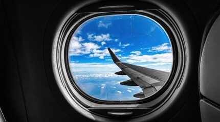 Fototapeta premium Airplane window view of the wing and the beautiful sky.