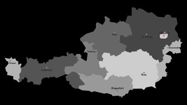 Vector map of Austria with names of cities and with borders city