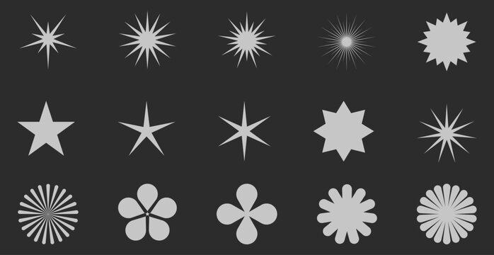 A comprehensive collection of 15 minimalist vector shapes, including stars, sunbursts, sparkles, and floral motifs
