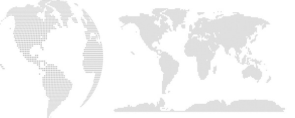 Dotted World Map and 3D Globe Made of Dots – Global International Planet Concept Vector Illustration © Jer