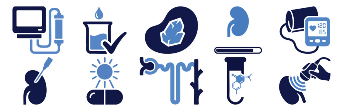 Kidney and Dialysis Icon Set in Two Colors CREATININE LEVEL, ULTRASOUND SCAN, PERITONEAL DIALYSIS, KIDNEY DONOR, PHOSPHATE BINDER, PATIENT MONITOR, W Flat Vector Illustration on Transparent Background