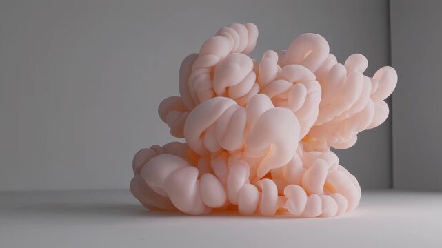 A soft peach, bubble-like sculptural form with rounded lobes sits on a minimal white surface against a pale gray wall, lit by diffused light, evoking organic growth and abstract texture.