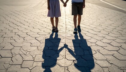 Two shadows of children holding hands cast on pavement, no bodies visible.